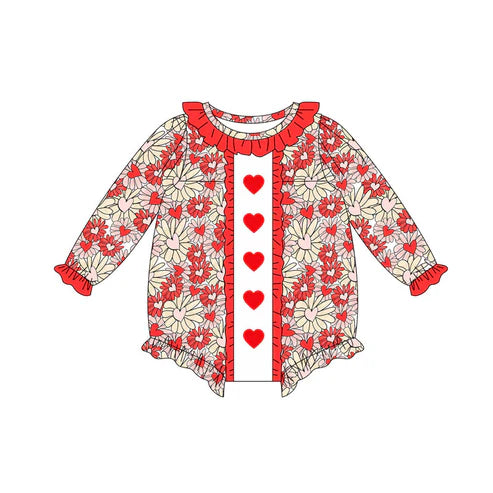 9.19 LR2665 Baby Girls Red Hearts Flowers Valentine Ruffle Sleeves Rompers Preorder