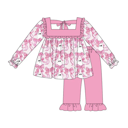 5.19 Baby Girls Long Sleeves Pink Bows Ghosts Tunic Ruffle Pant Set Preorder