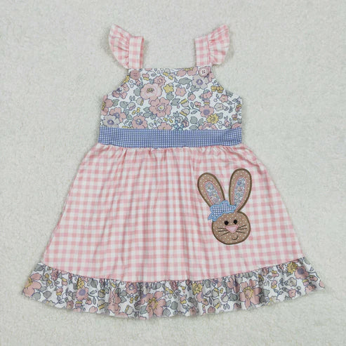 L-3.8 GSD0593 Baby Girls Easter Rabbits Floral Ruffle Knee Length Dress