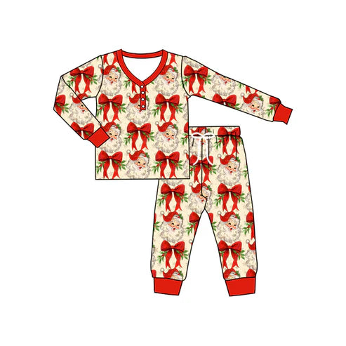 5.20 GLP2342 Adult Women Long Sleeves Santa Bows Button Top Pant Pajamas Set Preorder
