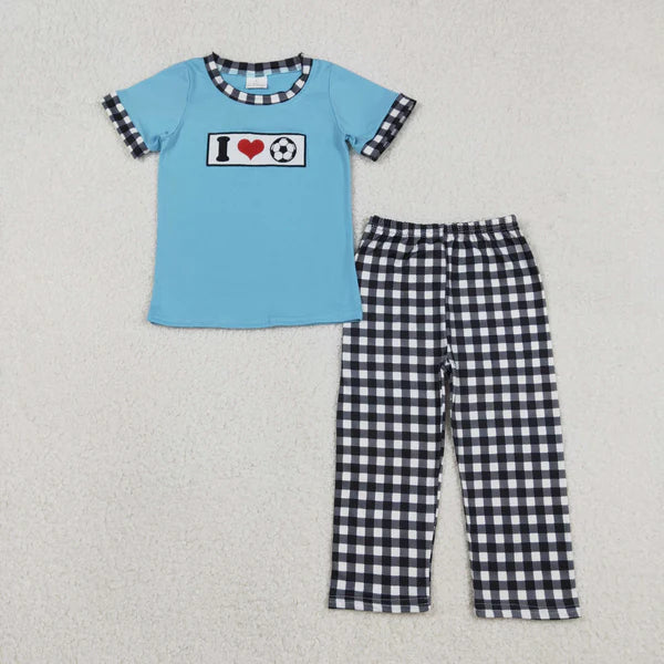 12.13 BSPO0622 Embroidery I Love Footballs Baby Boys Checked Pants Team Clothes Set