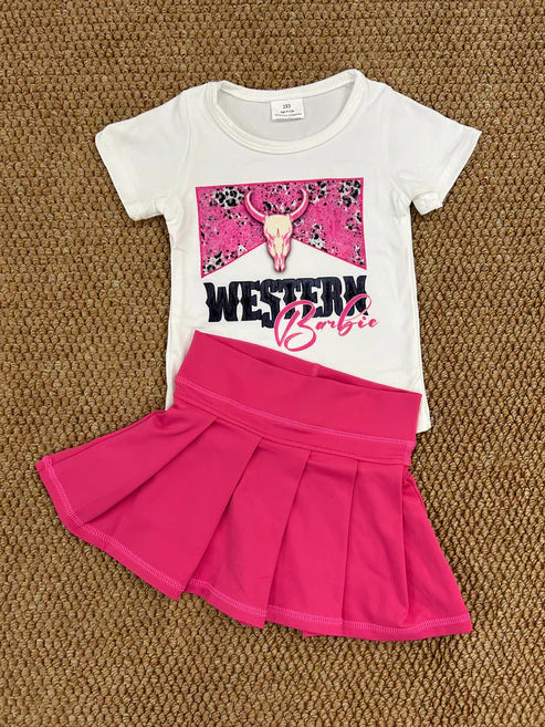 6.9  GT0134+GLK0079 Baby Girls Western Howdy Bull Skull Shirt Hot pink Pleated Skorts Yoga Active Set