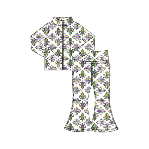 10.28 GLP3025 Baby Girls Mardigras Anchors Plaid Zipper Jacket Bell Bottom Pants Yoga Clothes Sets Preorder