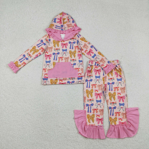 11.26 GLP3049 Baby Girls Colorful Bows Pockets Ruffle Hoodie Bell Bottom Pants Clothes Set