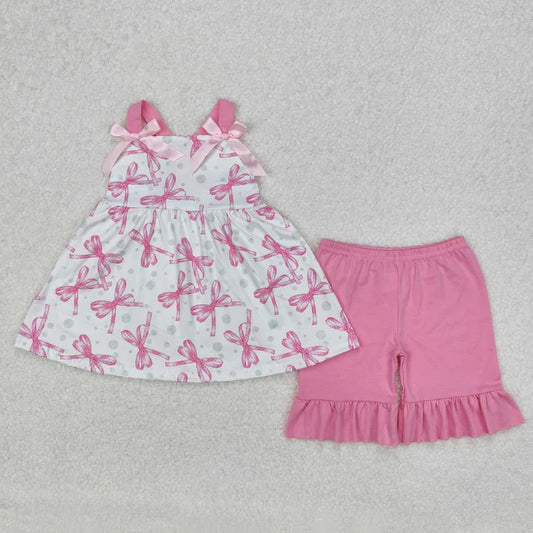 3.14 GSSO2075 Baby Girls Pink Bows Straps Top Ruffle Shorts Clothes Set