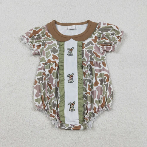 11.26 SR3259 Embroidery Baby Boys Olive Camo Rabbit Easter Ruffle Romper