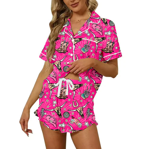 5.16 Preorder Moq 3 Adult Women Western Pink Cow Button Pocket Top Short Pajamas