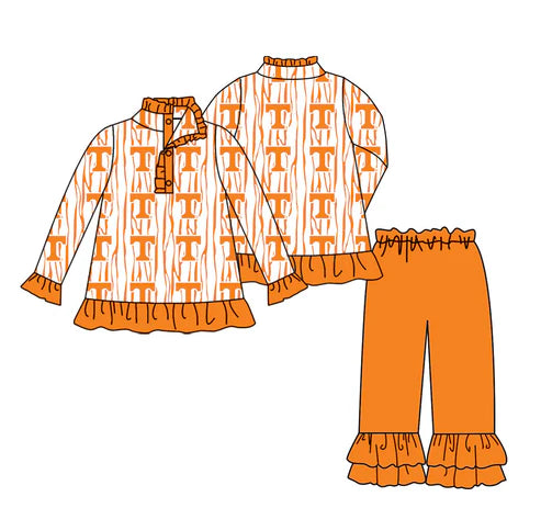 11.4 Custom Moq 8 Baby Girls Orange T Stripe Button Pullovers Ruffle Pants Team Clothes Sets