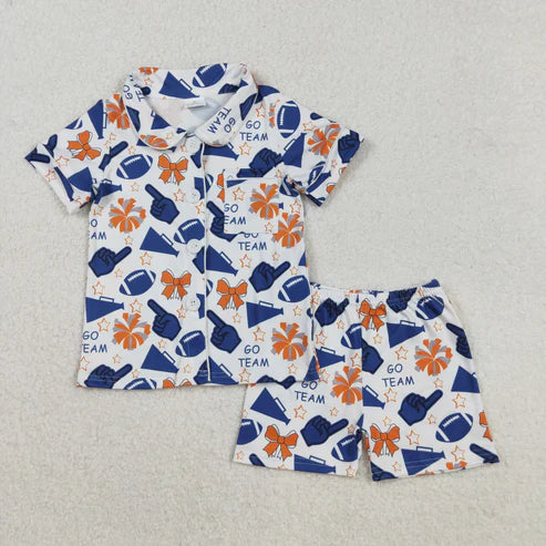 8.29 GSSO2675 Baby Girls Shot Sleeves Team Navy Football Button Top Short Pajamas Set
