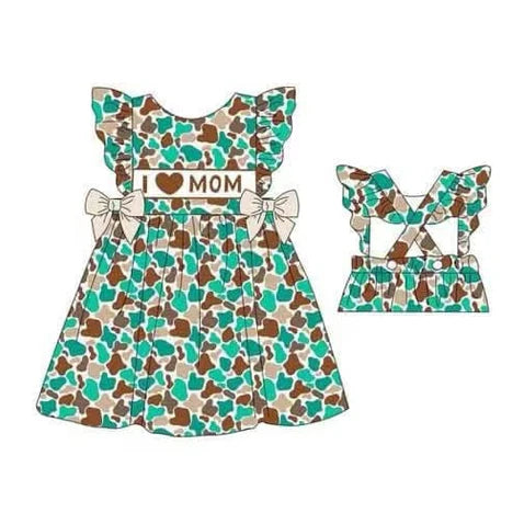 3.22 GSD2223 Baby Girls Flutter Sleeves Colorful Camo I LOVE MOM Knee Length Dresses Preorder