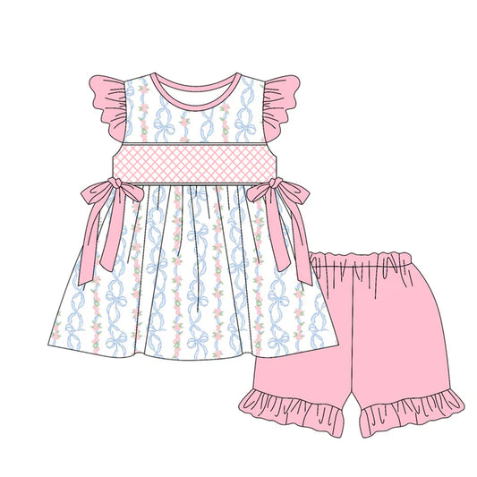 3.23 GSSO2399 Baby Girls Pink Flutter Sleeves Floral Stripe Bows Tunic Ruffle Short Set Preorder