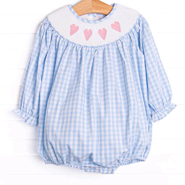 9.27 LR2701 Baby Girls Blue Checked Hearts Valentine Ruffle Rompers Preorder