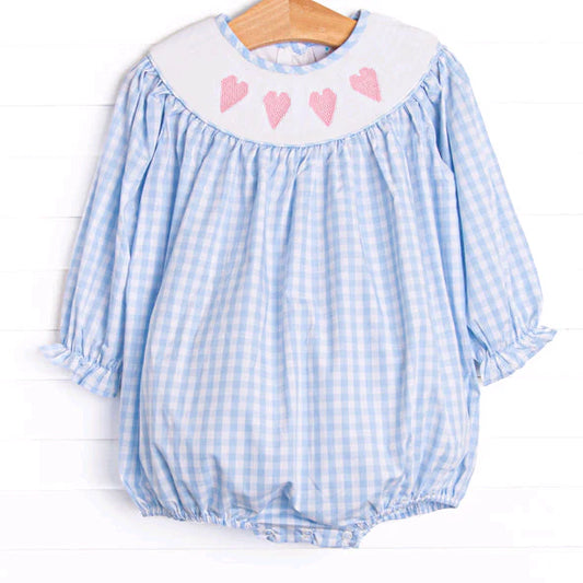 9.27 LR2701 Baby Girls Blue Checked Hearts Valentine Ruffle Rompers Preorder