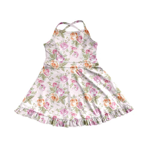 3.31  GSD2280 Baby Girls Peach Strap Floral Yoga Ruffle Knee Length Dresses Preorder