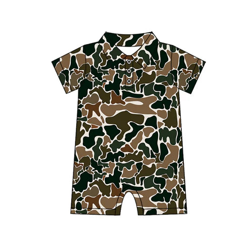 3.28 SR2979 Baby Infant Boys Short Sleeves Dark Brown Camo Button Rompers Preorder