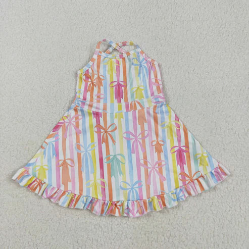5.15  GSD2288 Baby Girls Strap Colorful Bows Stripe Yoga Ruffle Knee Length Dress