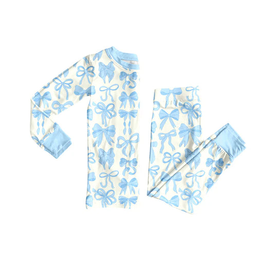 8.23 GLP2724 Baby Girls Light Blue Bows Plaid Top Pant Pajamas Set Preorder