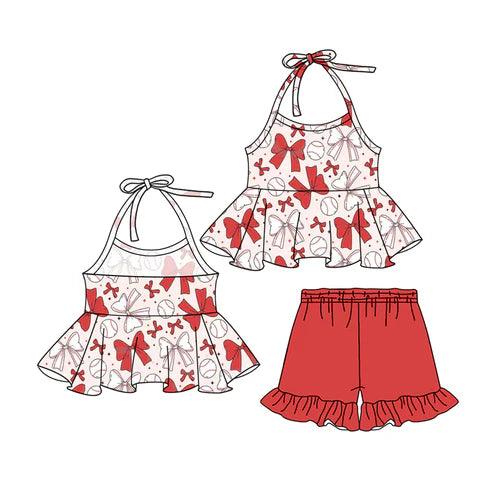 GSSO2310 Baby Girls Red Bows Baseball Tunic Ruffle Shorts Clothes Sets preorder