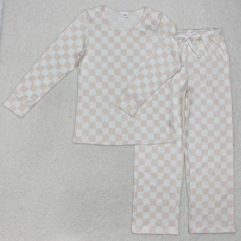 3.15 GT0906+P0730 Adult Women Pink Checkered Long Sleeve Tops Pants Pajamas Outfit