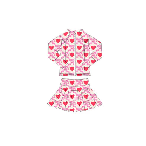 10.27 GLD1390 Baby Girls Pink Bows Hearts Plaid Zipper Jacket Skorts Valentine Yoga Clothes Sets Preorder