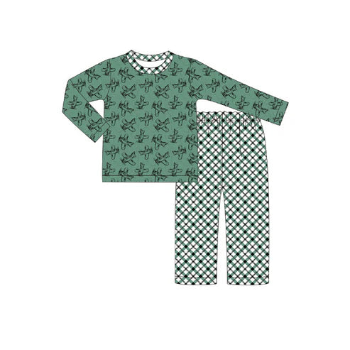 9.20 BLP1291 Baby Boys Log Sleeve Green Planes Top Checked Pants Clothes Sets Preorder