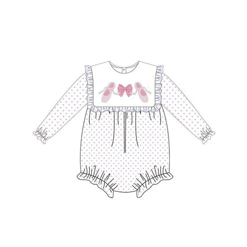 6.7 LR2259 Baby Girls Long Sleeves Pink Bow Shoes Polka Dots Ruffle Rompers Preorder
