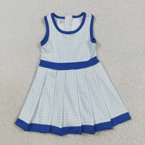8.12 GSD2759 Baby Girls Blue Plaid Sleeveless Zipper Shorts Yoga Knee Length Dress