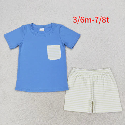 BSSO0985 Striped Pocket Haze Blue Short Sleeve Shorts Suit