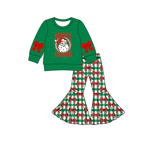 8.14 GLP2706 Baby Girls Green Santa Merry Christmas Top Bows Plaid Bell Bottom Pant Set Preorder