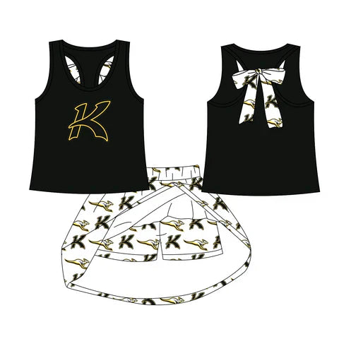8.20 Custom Moq 5 Baby Girls Black K vest team Top Skirt Skort Sets