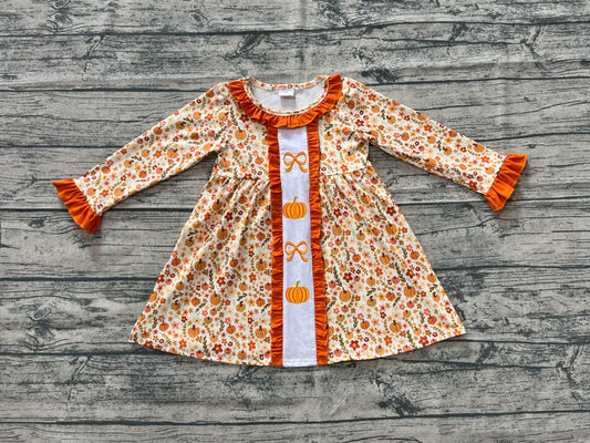 6.18 GLD1058 Baby Girls Long Ruffle Sleeves Bows Pumpkins Flowers Knee Length Dresses Preorder