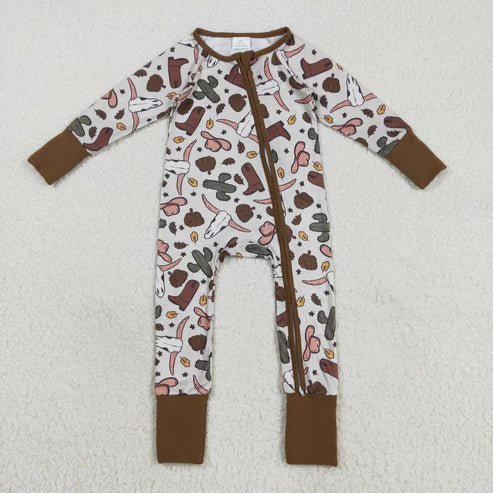 8.13 LR2334 Baby Boys Brown Long Sleeves Bull Skull Cactus Zipper Romper
