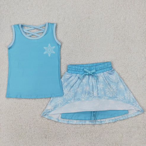 4.2 GSD2074 Baby Girls Blue Snowflake Princess Shirt Skirt Clothes Set