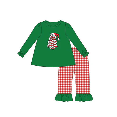 6.7 GLP2411 Baby Girls Green Long Ruffle Sleeves Tree Hat Tunic Red Plaid Pant Set Preorder