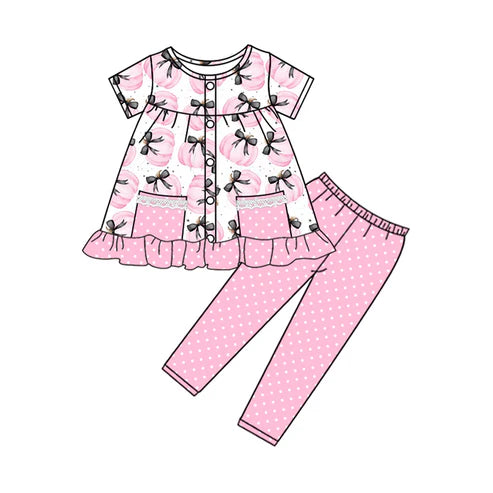 6.30 NO MOQ sales GSPO2019 Pre-order baby girls clothes pumpkin bow pink short sleeve pants sets