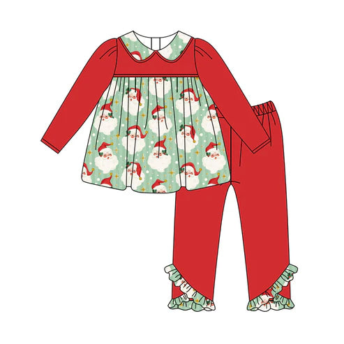 6.6  GLP2421 Baby Girls Red Long Sleeves Santa Stars Tunic Ruffle Pant Set Preorder