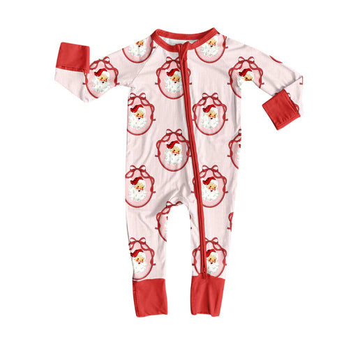 9.4 LR2626 Baby Girls Long Sleeve Red Santa Bows Christmas Zipper Footie Rompers Preorder