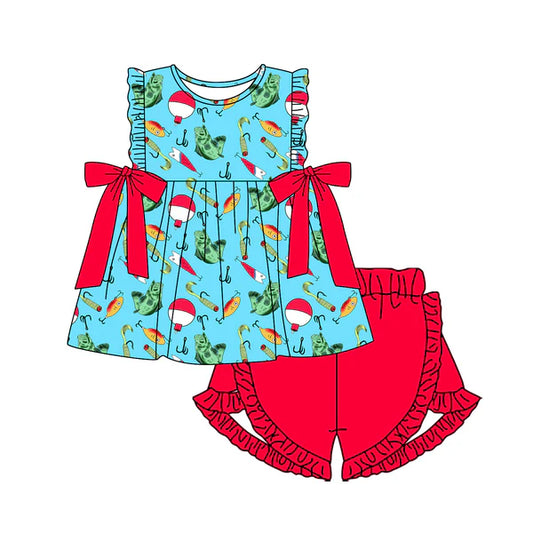 L-3.4 GSSO2097 Baby Girls Fishing Float Bows Tunic Top Ruffle Shorts Clothes Sets preorder