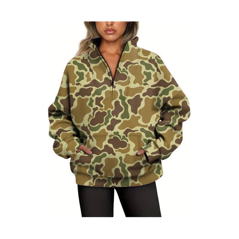 6.4 GT0830 Adult Women Dark Green Camo Long Sleeve Tee Shirts Zip Pullovers Tops Preorder