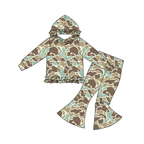 11.3 GLP3077 Baby Girls Grey Khaki Camo Ruffle Hoodies Bell Bottom Pants Southern Clothes Sets Preorder