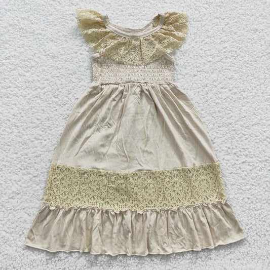 4.7  GSD0456 Beige smocked sleeveless dress with lace trim