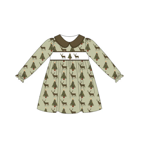 6.14 GLD1081 Baby Girls Olive Long Ruffle Sleeves Deer Trees Knee Length Dresses Preorder