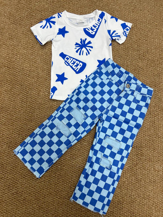 8.2 GT0941+P0097 Baby Kids Cheer Blue Shirt Checkered Denim Pants Clothes Set