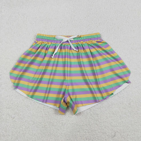 12.16 SS0706 Adult Women Mardigras Stripes Yoga Active Ruffle Shorts Bottom