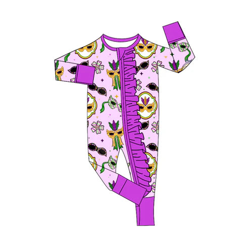 10.20 LR2752 Baby Girls Flowers Anchors Masks Mardigras Ruffle Zipper Footie Rompers Preorder