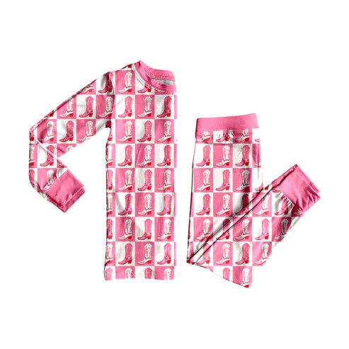 6.13 GLP2394 Baby Girls Long Sleeves Light Pink Boots Plaid Top Pant Pajamas Set Preorder