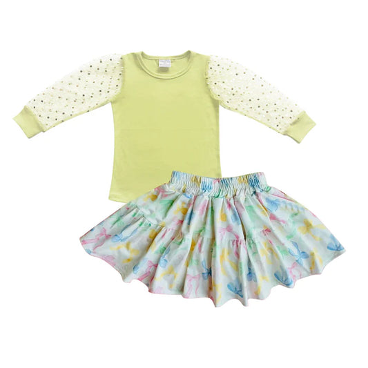 3.25 GLD1020 Baby Girls Yellow Sequin Long Sleeves Top Colorful Bows Ruffle Skirt Set Preorder