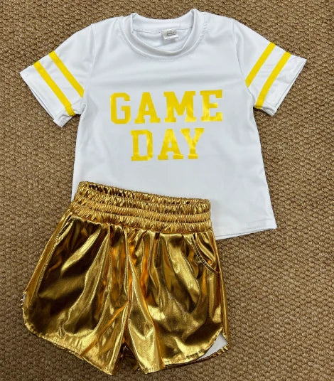 8.25 GT1115+SS0417 Baby Girls Vinyl Yellow Game Day Top Leather Shorts Team Active Set