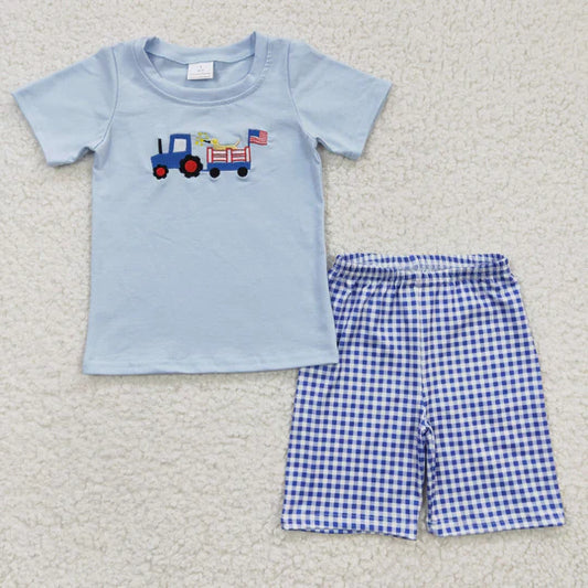 3.11  BSSO0195 baby boy clothes blue 4th of july patriotic outfit embroidery flag truck set