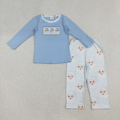 9.10 BLP0505 Embroidery Baby Boys Christmas Blue Santas Shirt Pants Clothes Set